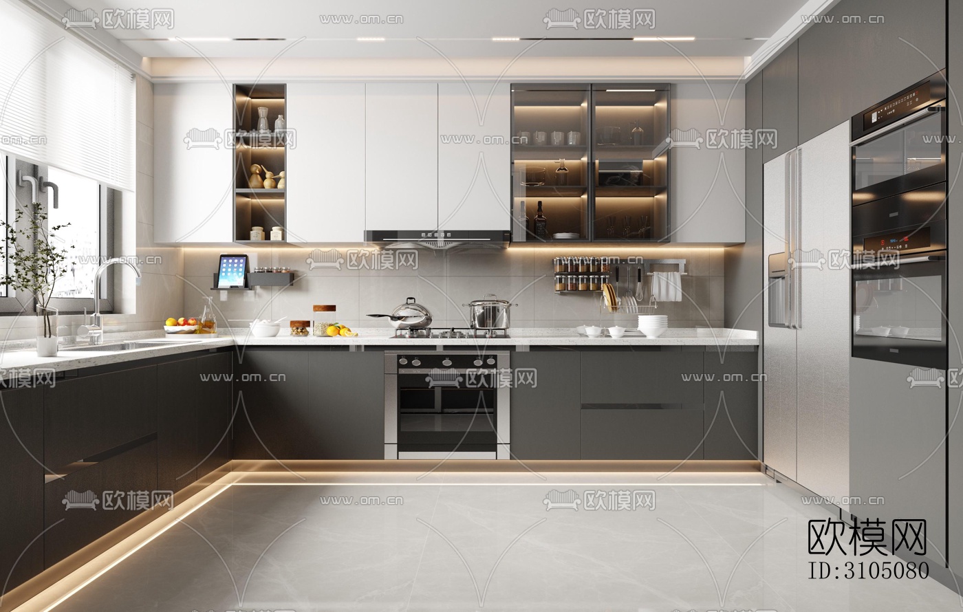 高级灰厨房效果图下载（渲染图1）