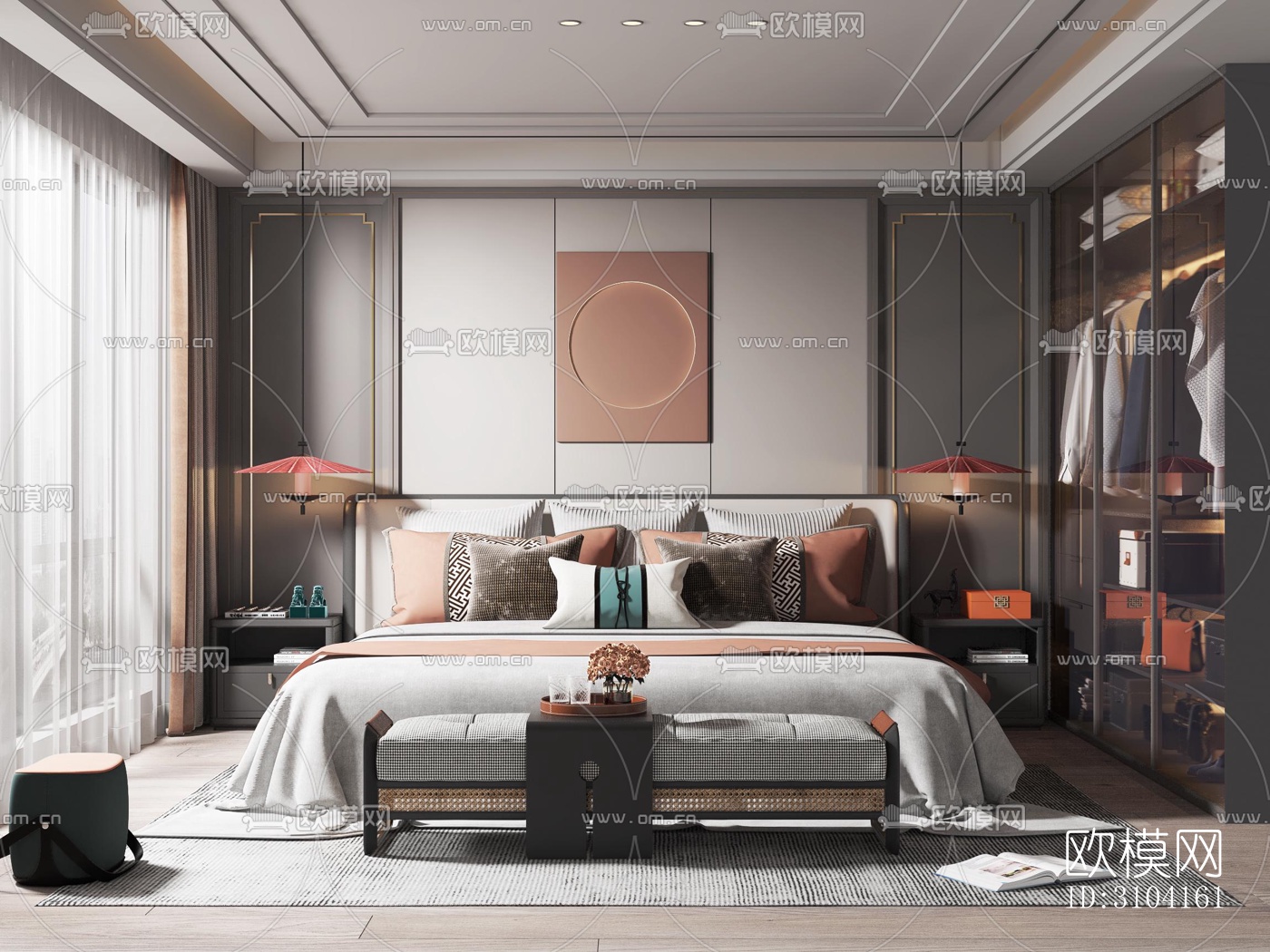 新中式卧室效果图下载（渲染图2）