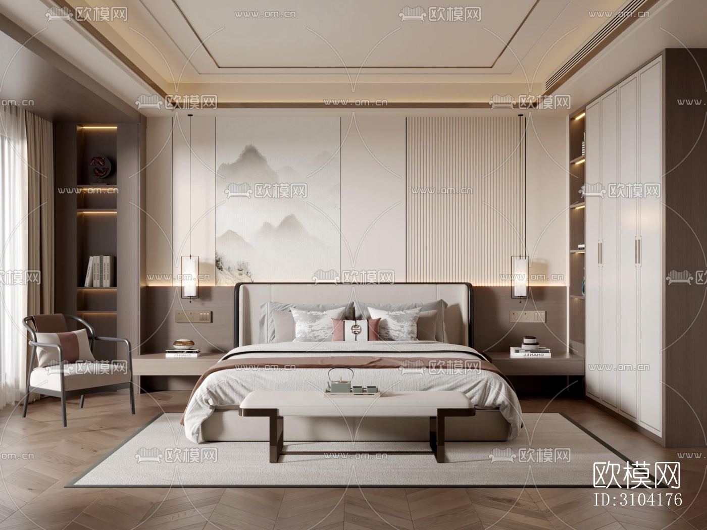 新中式卧室效果图下载（渲染图3）