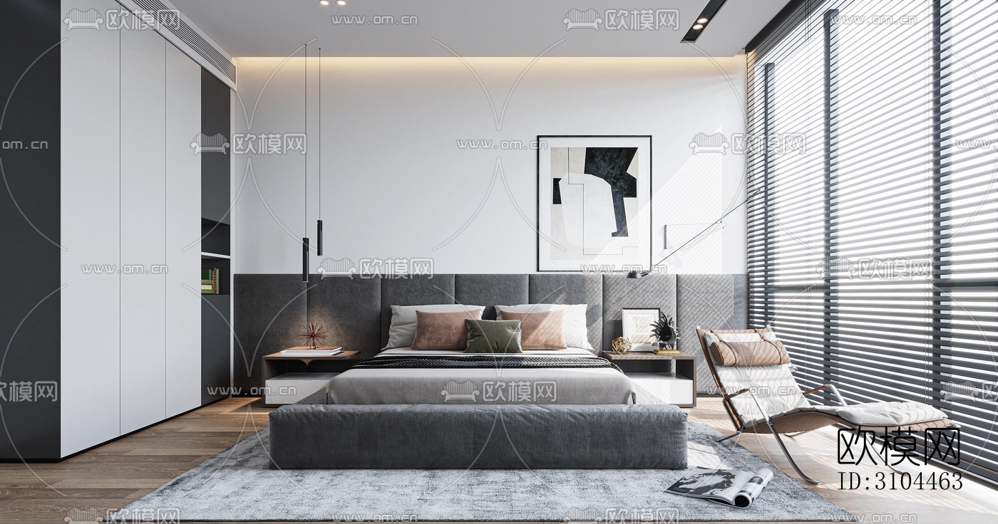高级灰卧室效果图下载（渲染图6）