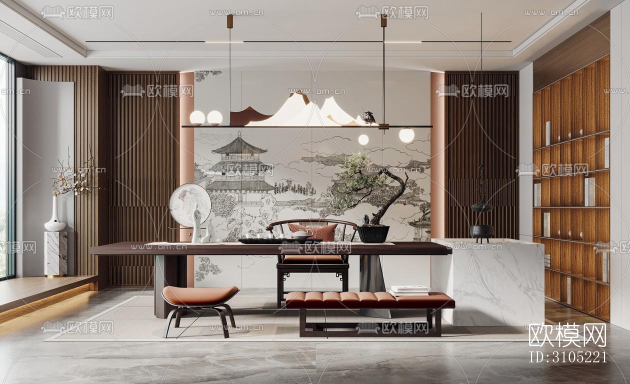 新中式茶室效果图下载（渲染图4）