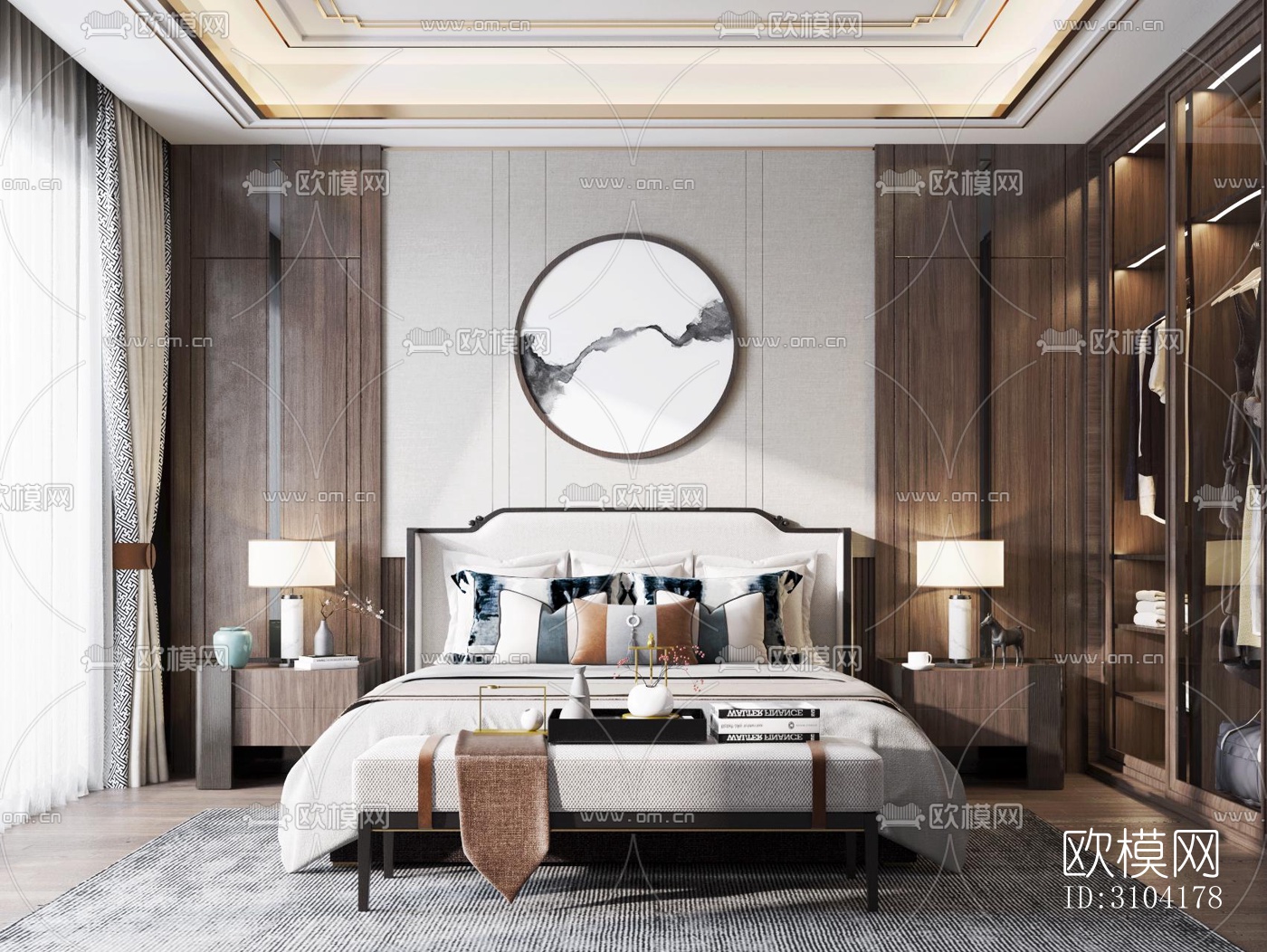 新中式卧室效果图下载（渲染图3）