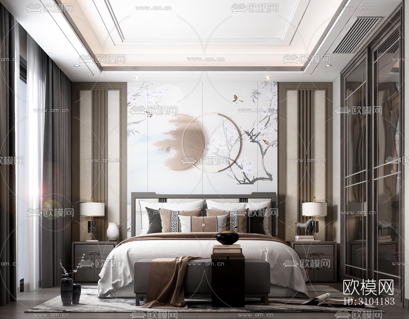 新中式卧室效果图下载（渲染图4）