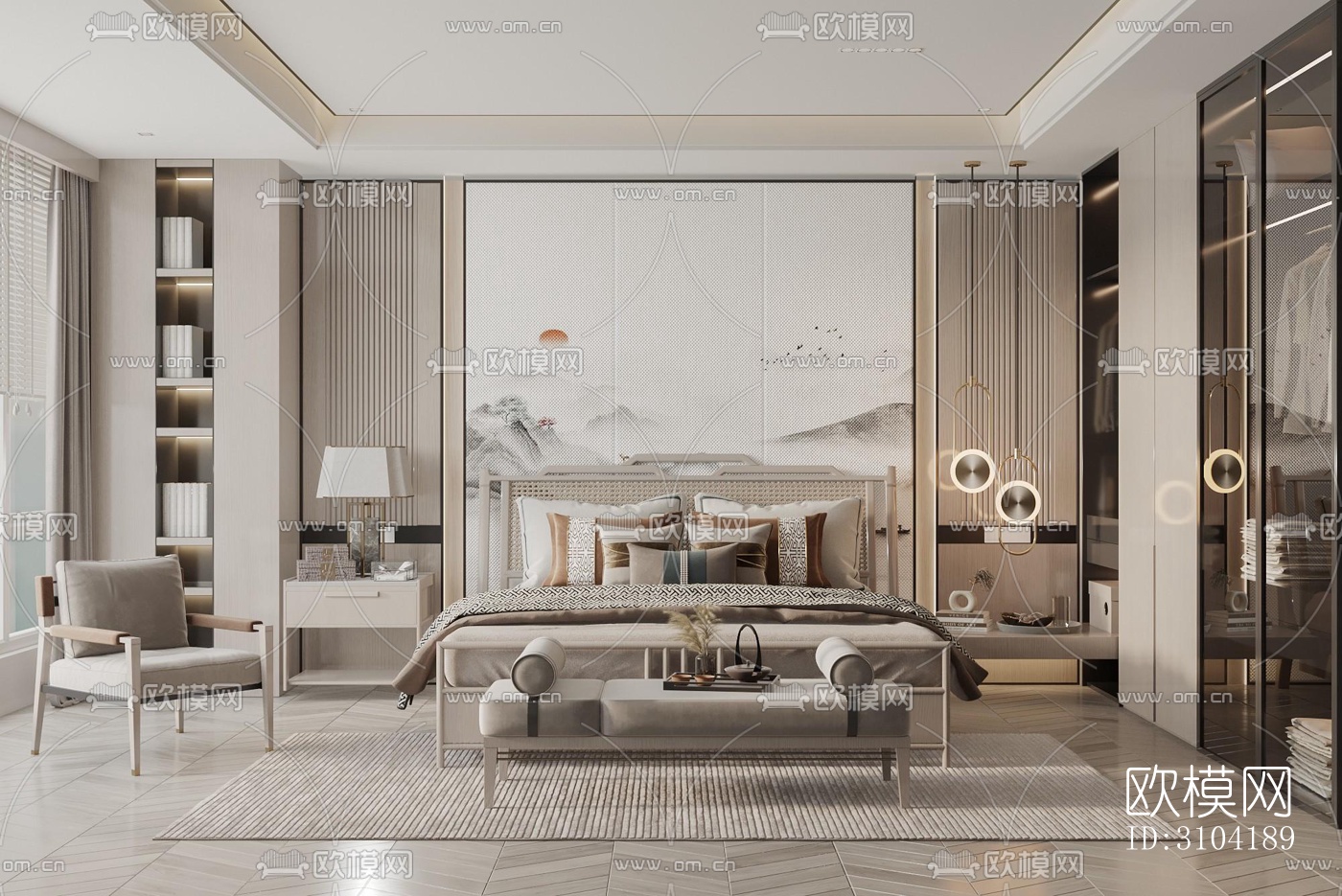 新中式卧室效果图下载（渲染图3）