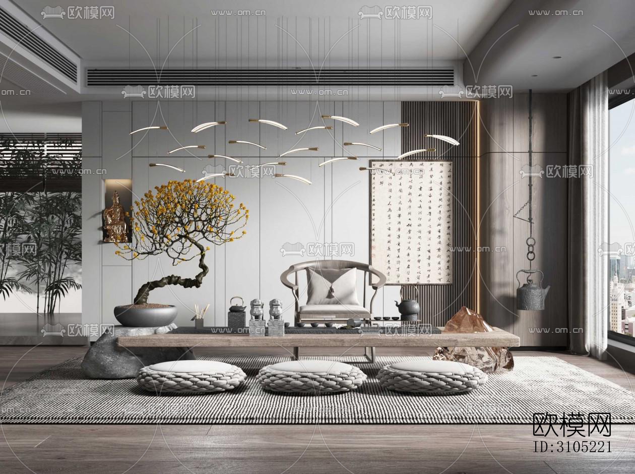 新中式茶室效果图下载（渲染图1）