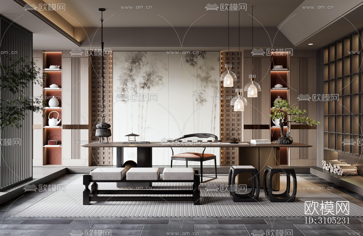 新中式茶室效果图下载（渲染图2）