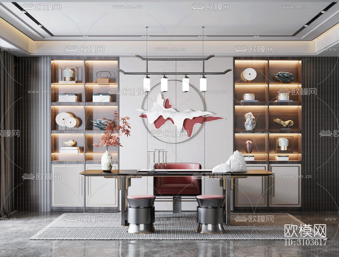 新中式书房效果图下载（渲染图2）