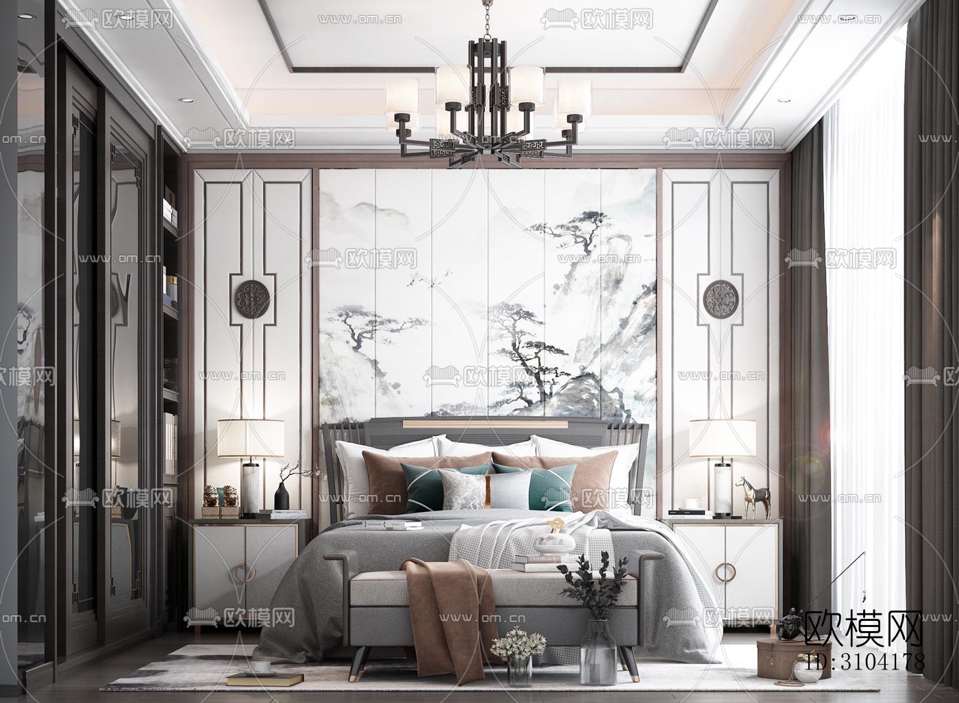 新中式卧室效果图下载（渲染图5）