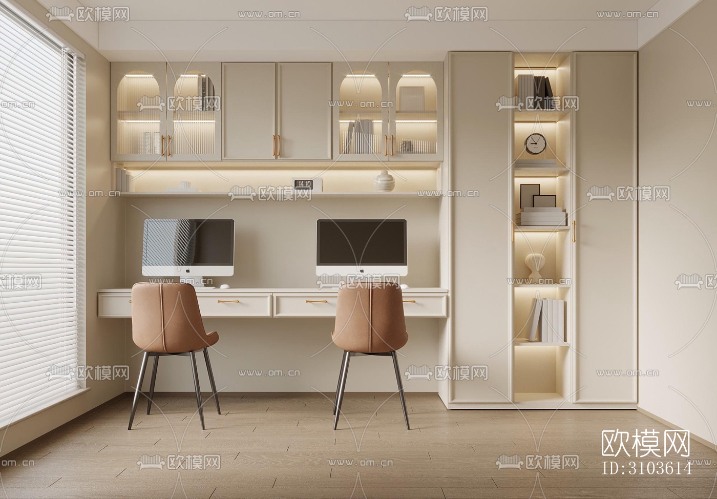 奶油风书房效果图下载（渲染图2）