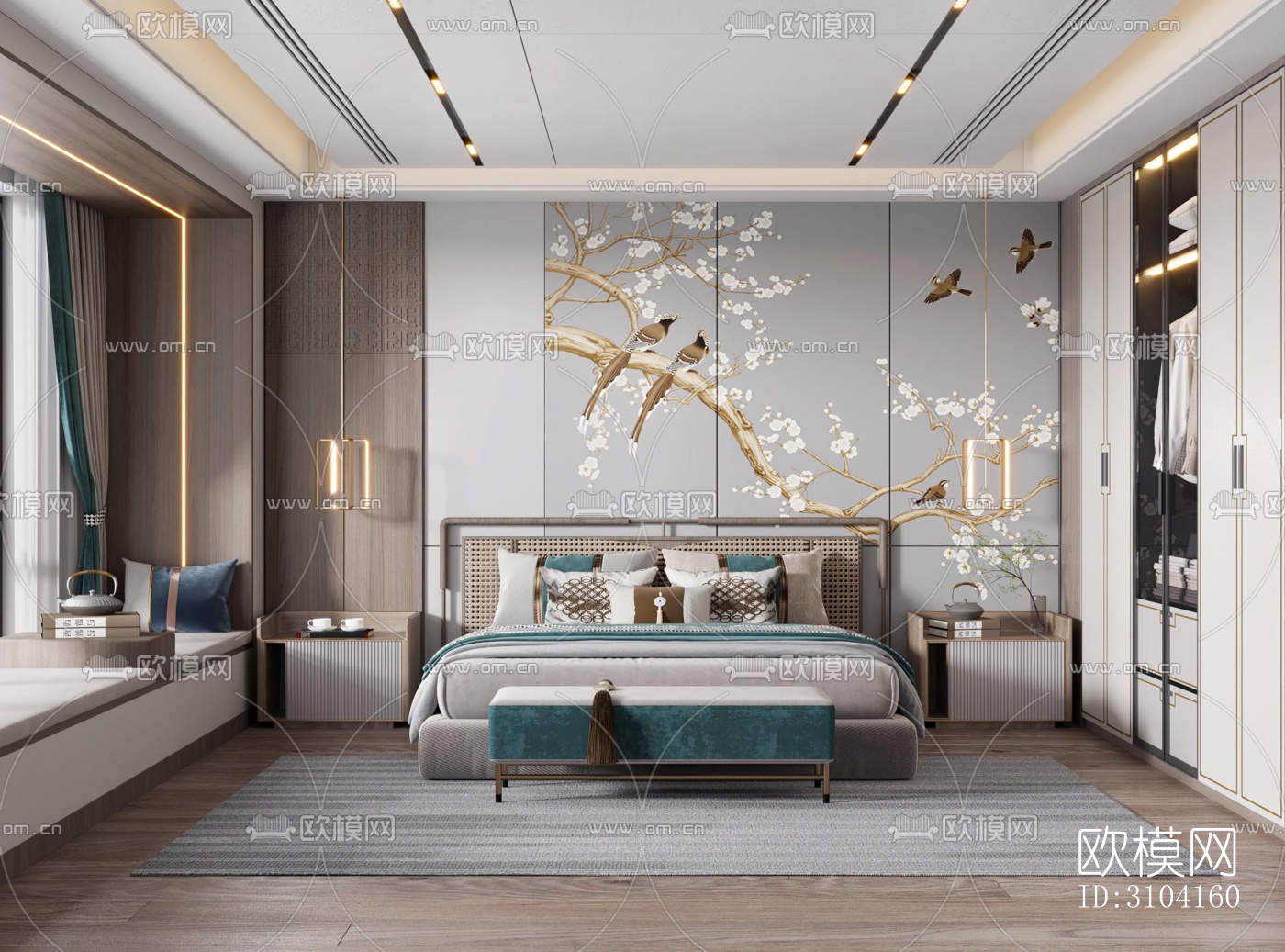 新中式卧室效果图下载（渲染图1）