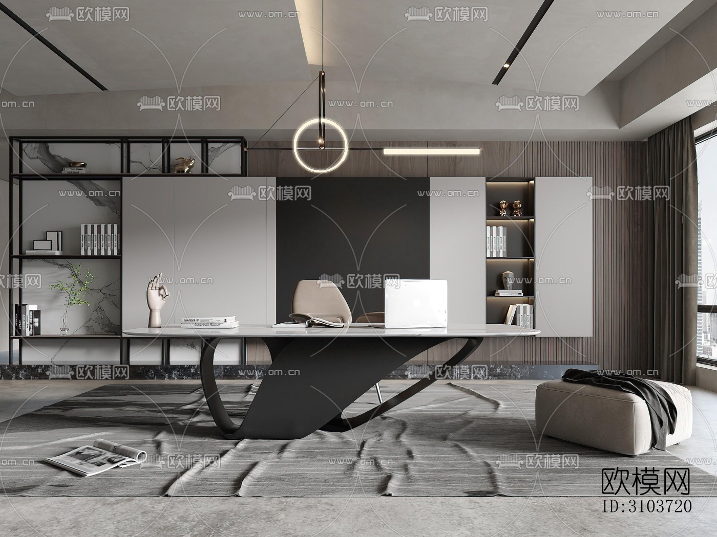 高级灰书房效果图下载（渲染图3）