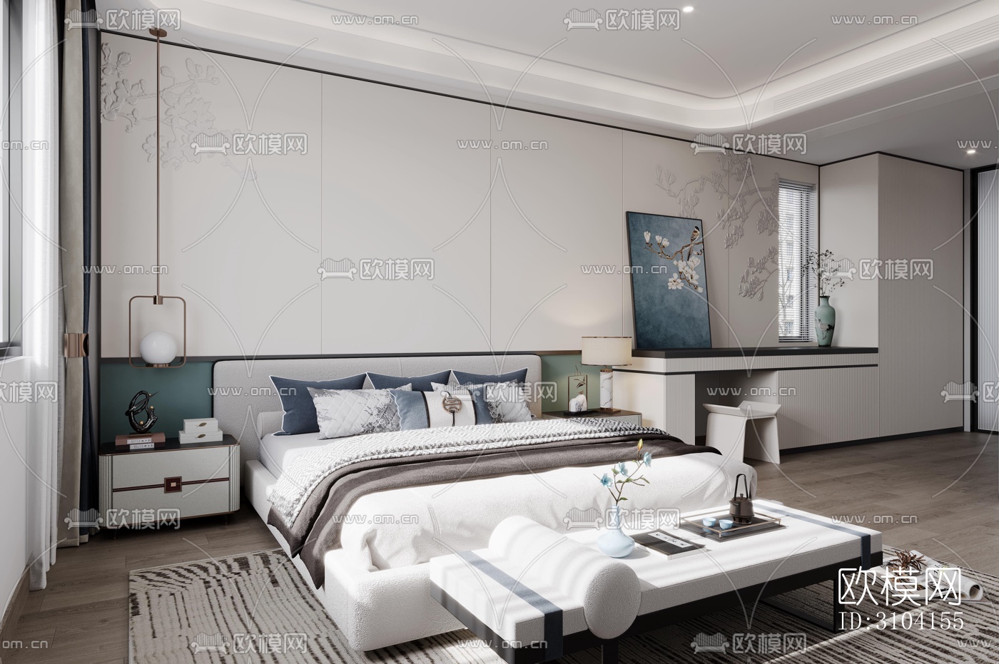 新中式卧室效果图下载（渲染图4）