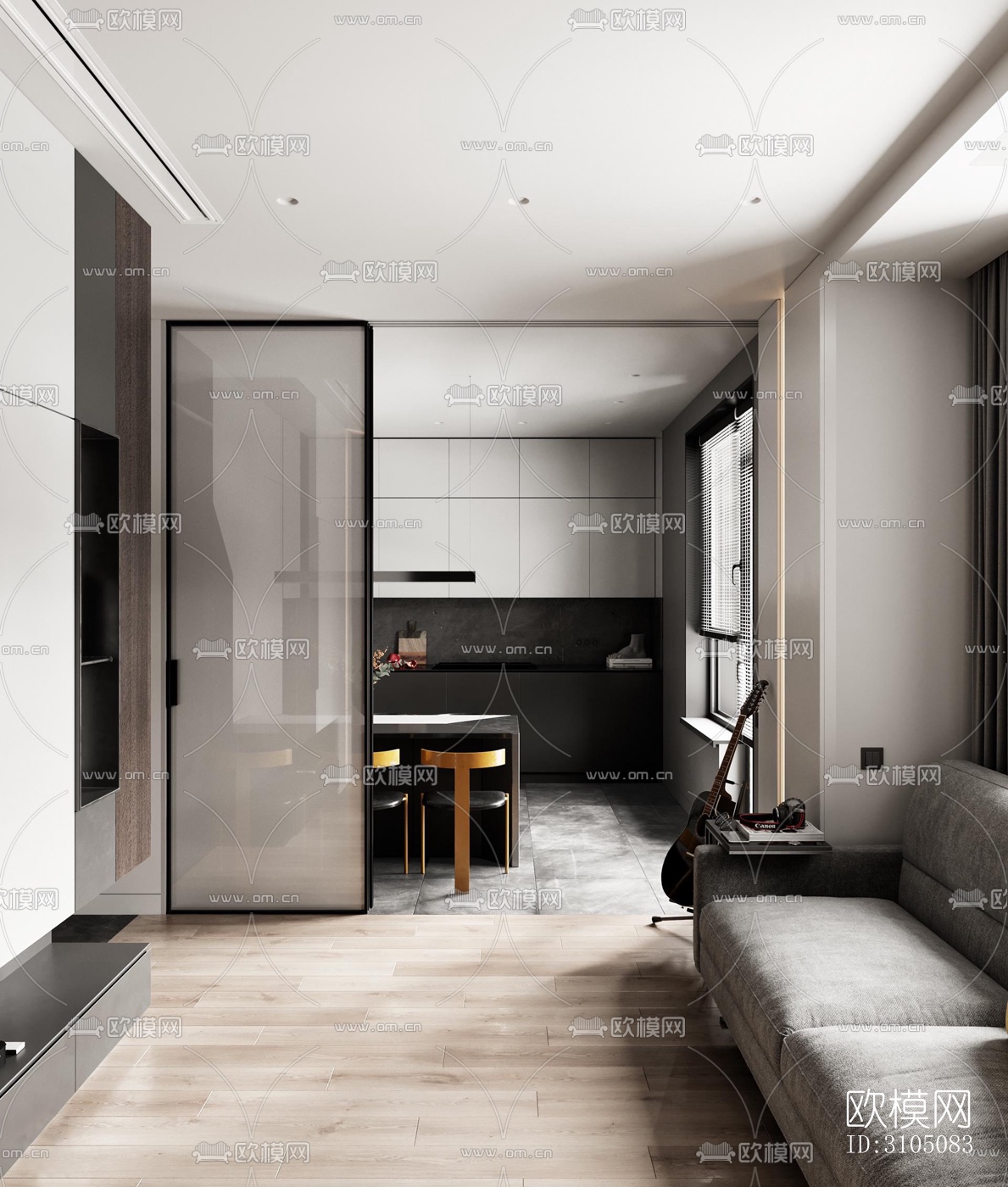 高级灰厨房效果图下载（渲染图2）