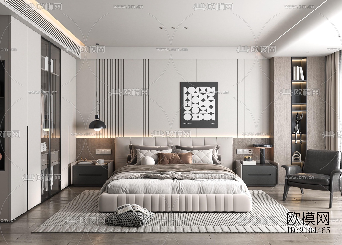 高级灰卧室效果图下载（渲染图4）
