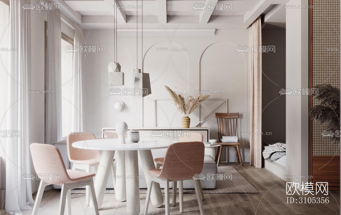 奶油风餐厅效果图下载（渲染图1）