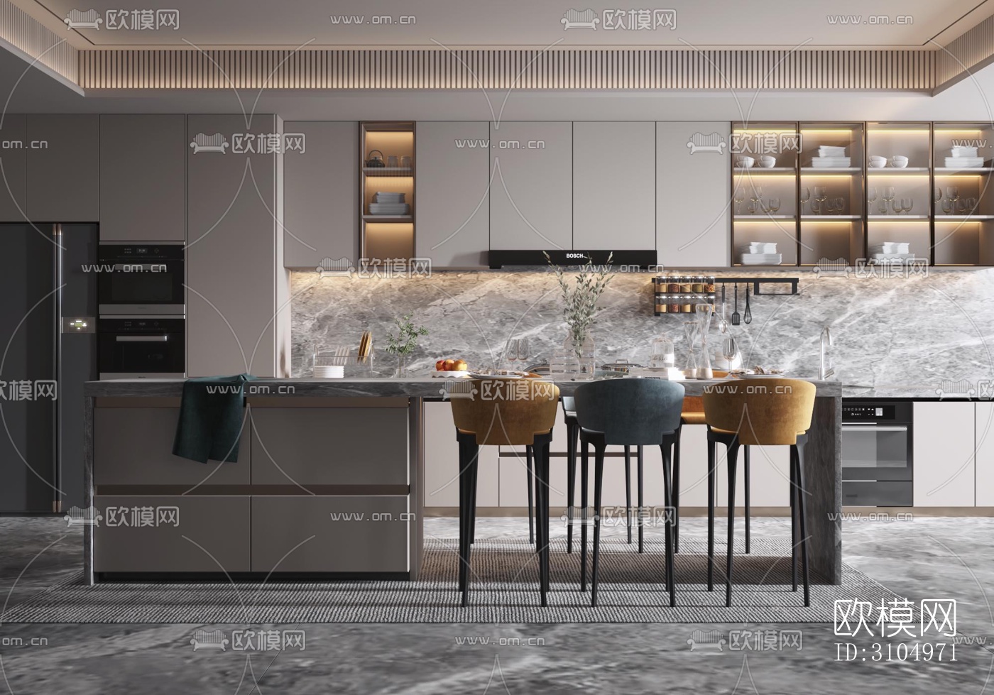 现代厨房效果图下载（渲染图1）