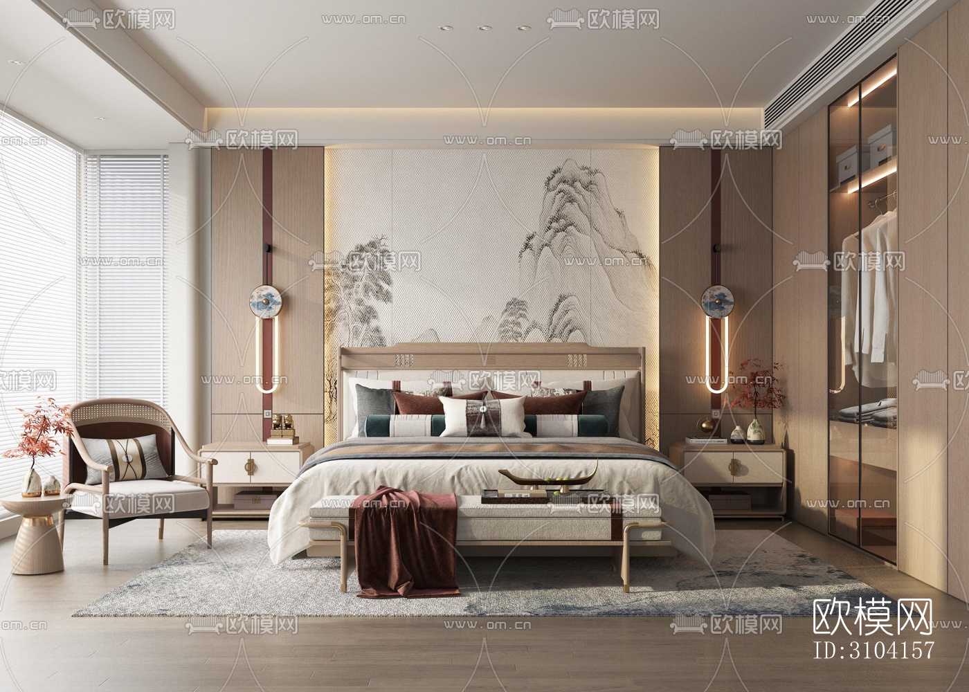 新中式卧室效果图下载（渲染图4）