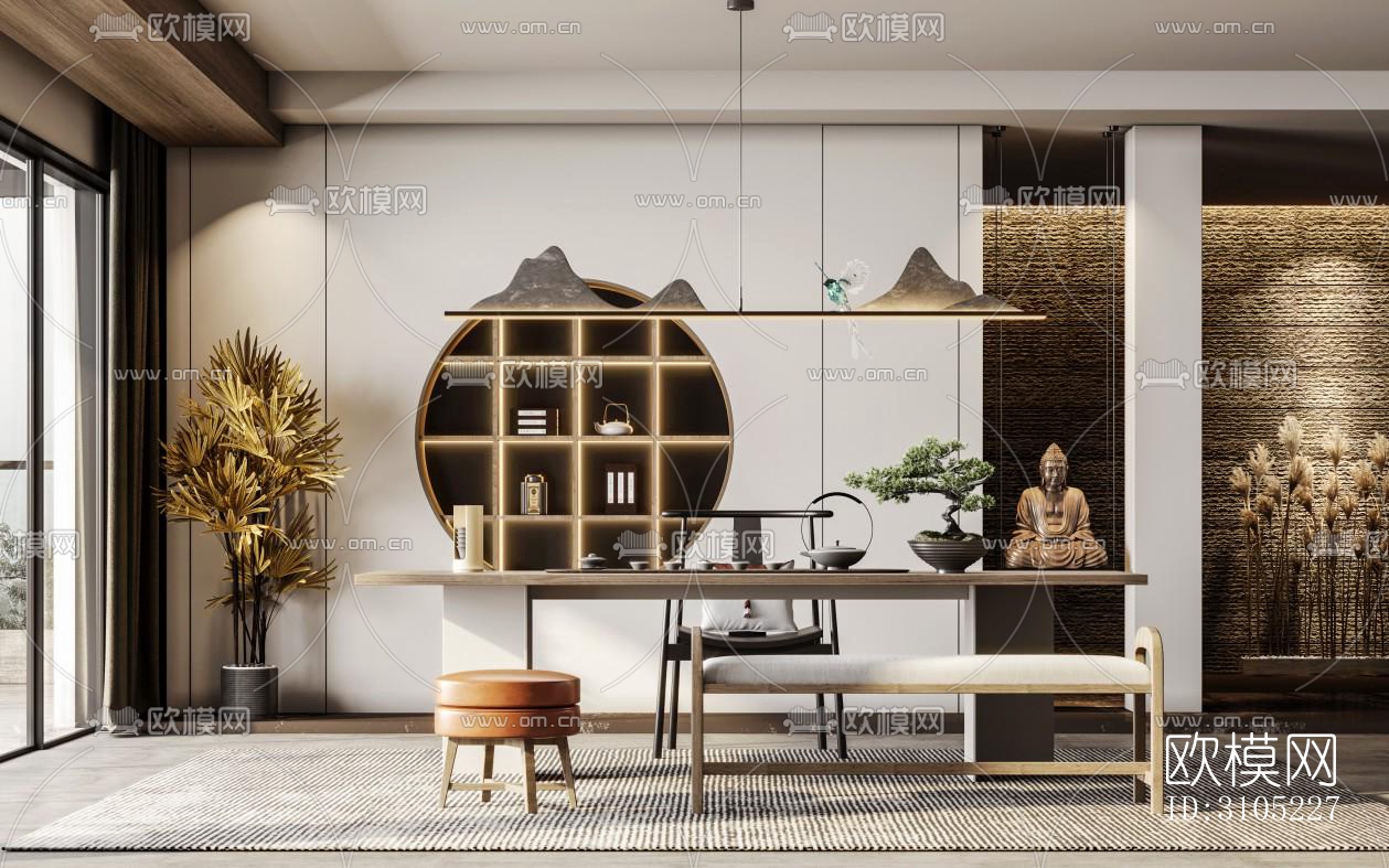 新中式茶室效果图下载（渲染图1）