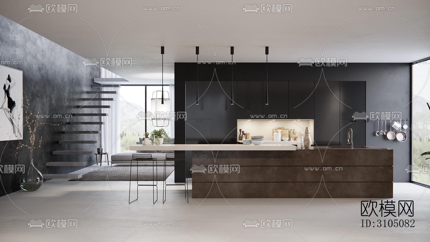 高级灰厨房效果图下载（渲染图4）
