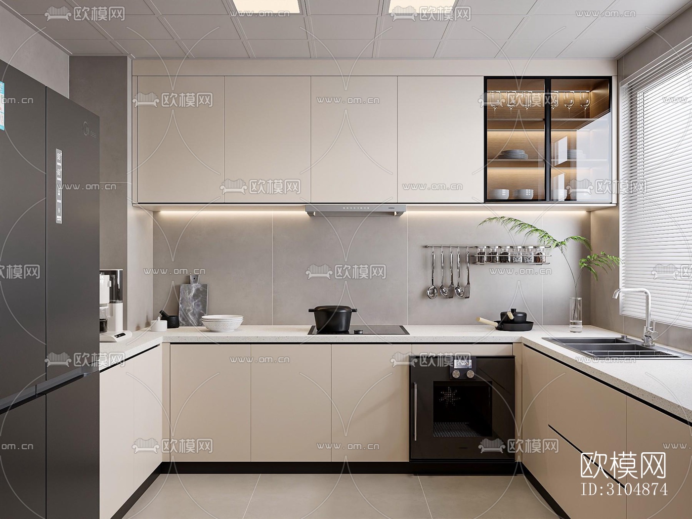 奶油风厨房效果图下载（渲染图3）