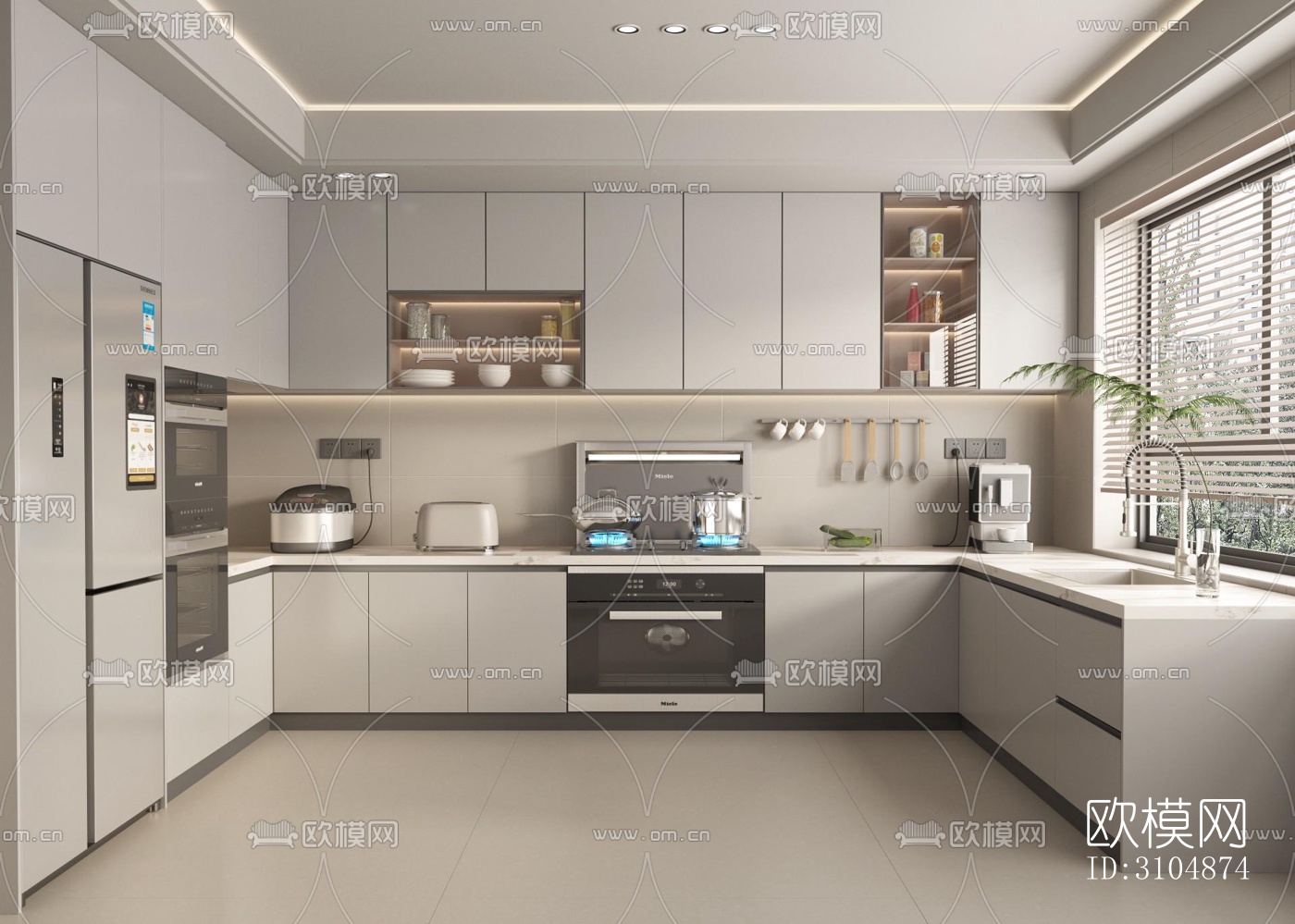 奶油风厨房效果图下载（渲染图2）