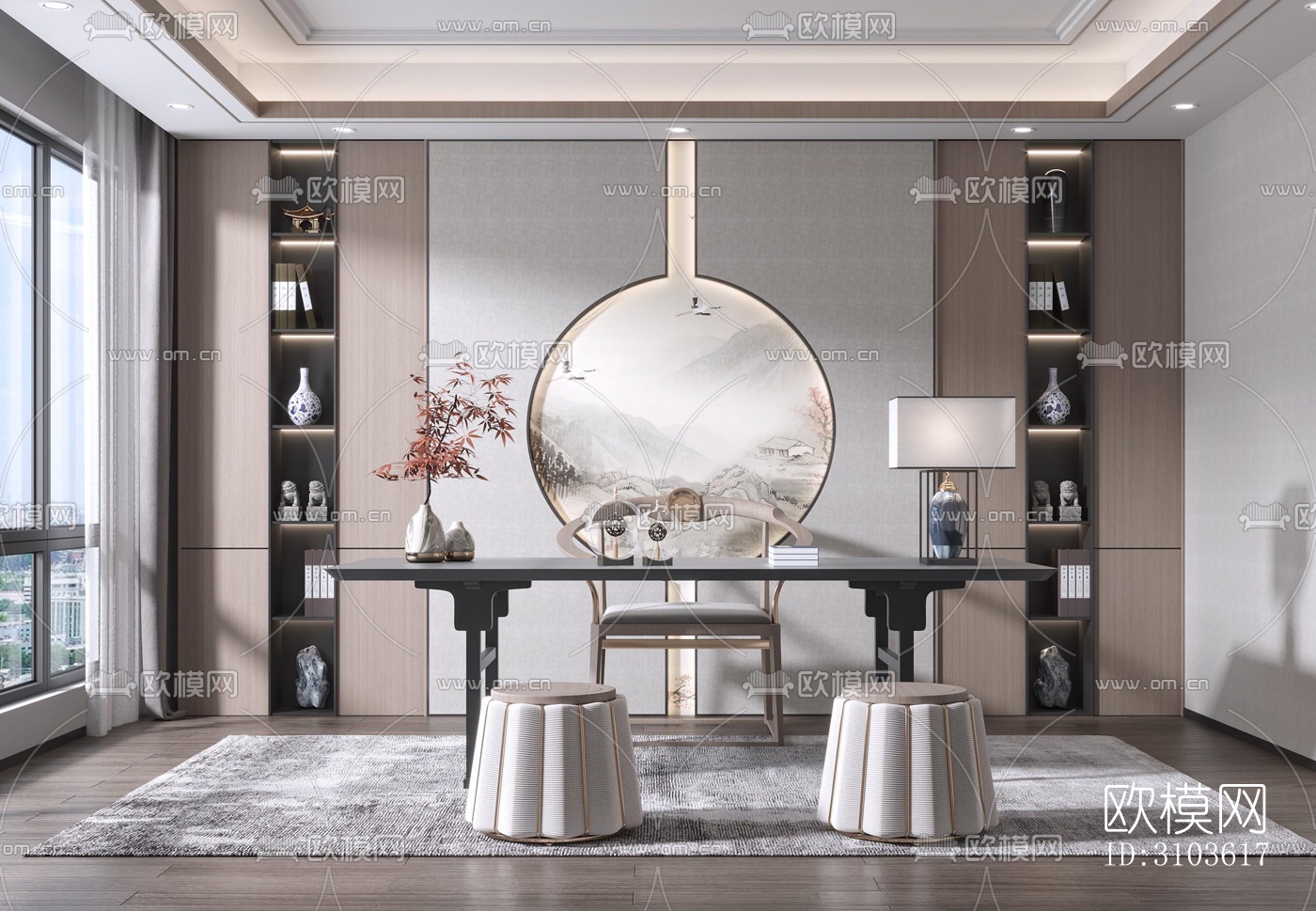 新中式书房效果图下载（渲染图5）