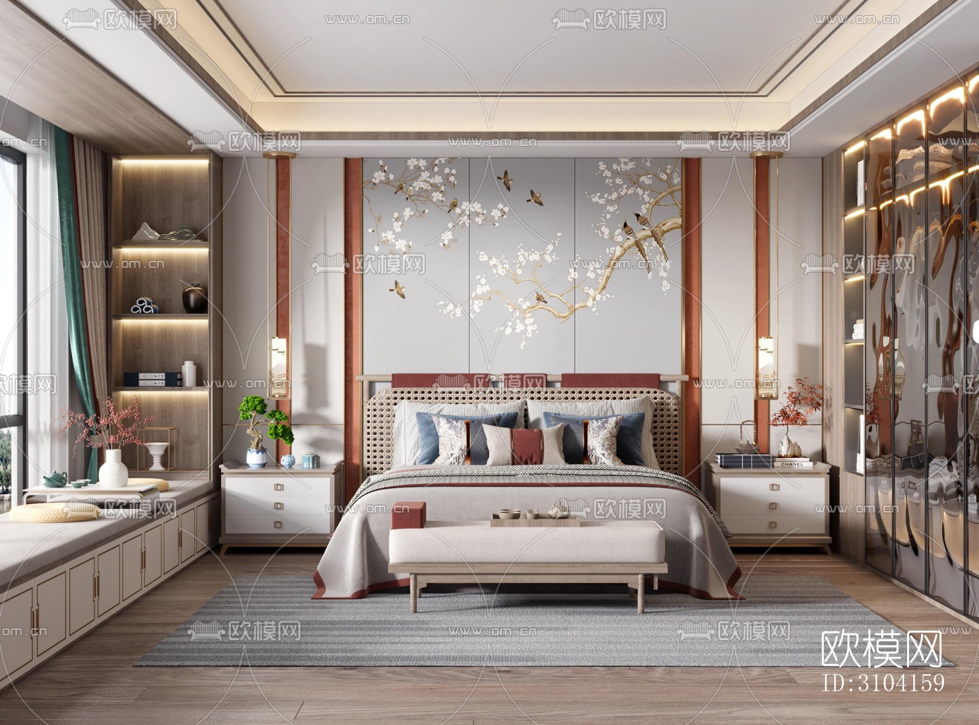 新中式卧室效果图下载（渲染图1）