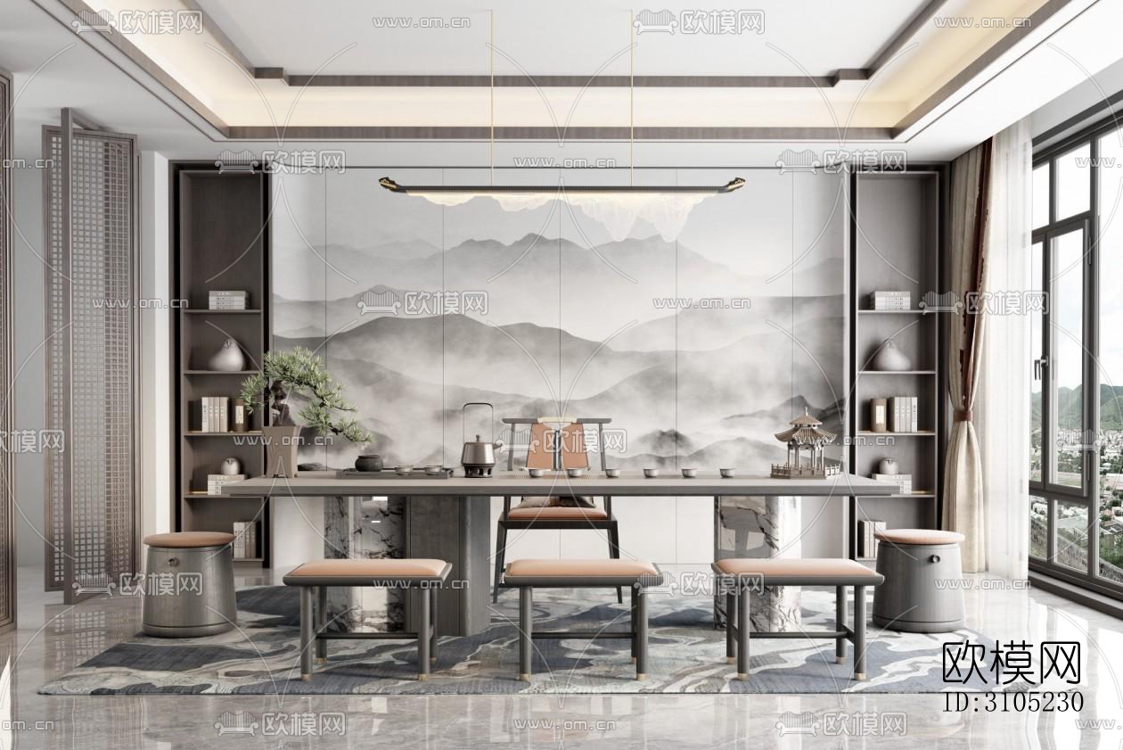 新中式茶室效果图下载（渲染图4）