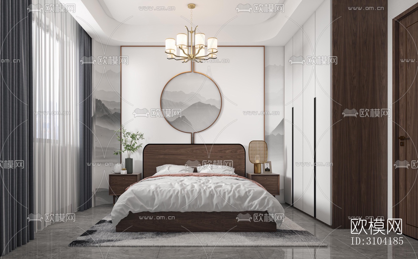 新中式卧室效果图下载（渲染图1）