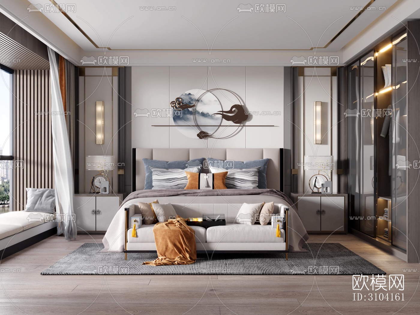 新中式卧室效果图下载（渲染图3）