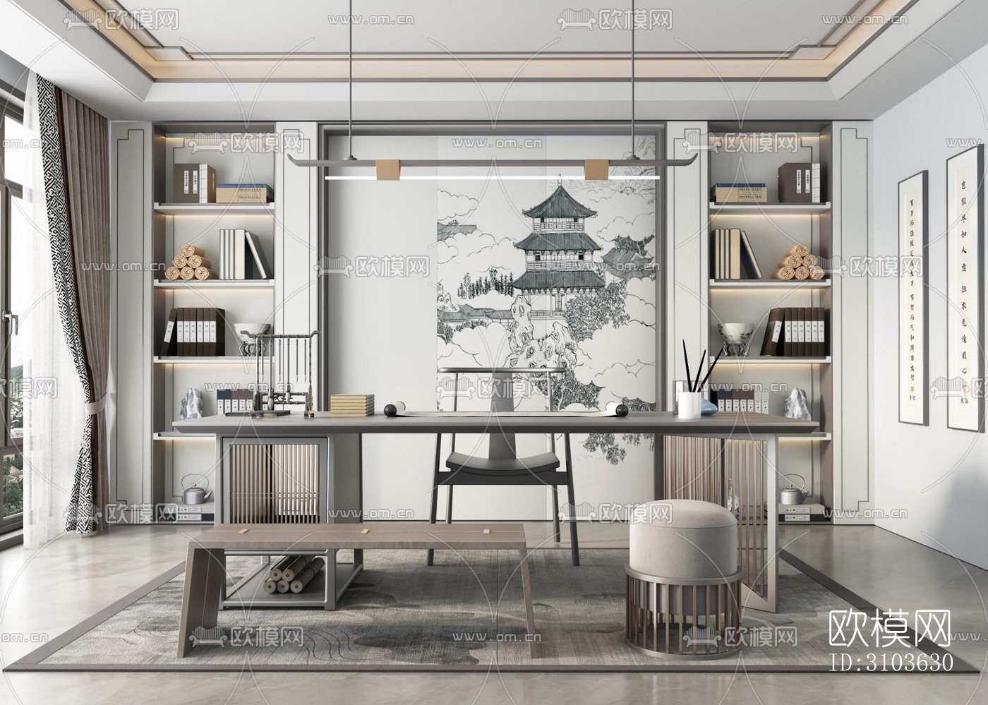 新中式书房效果图下载（渲染图4）