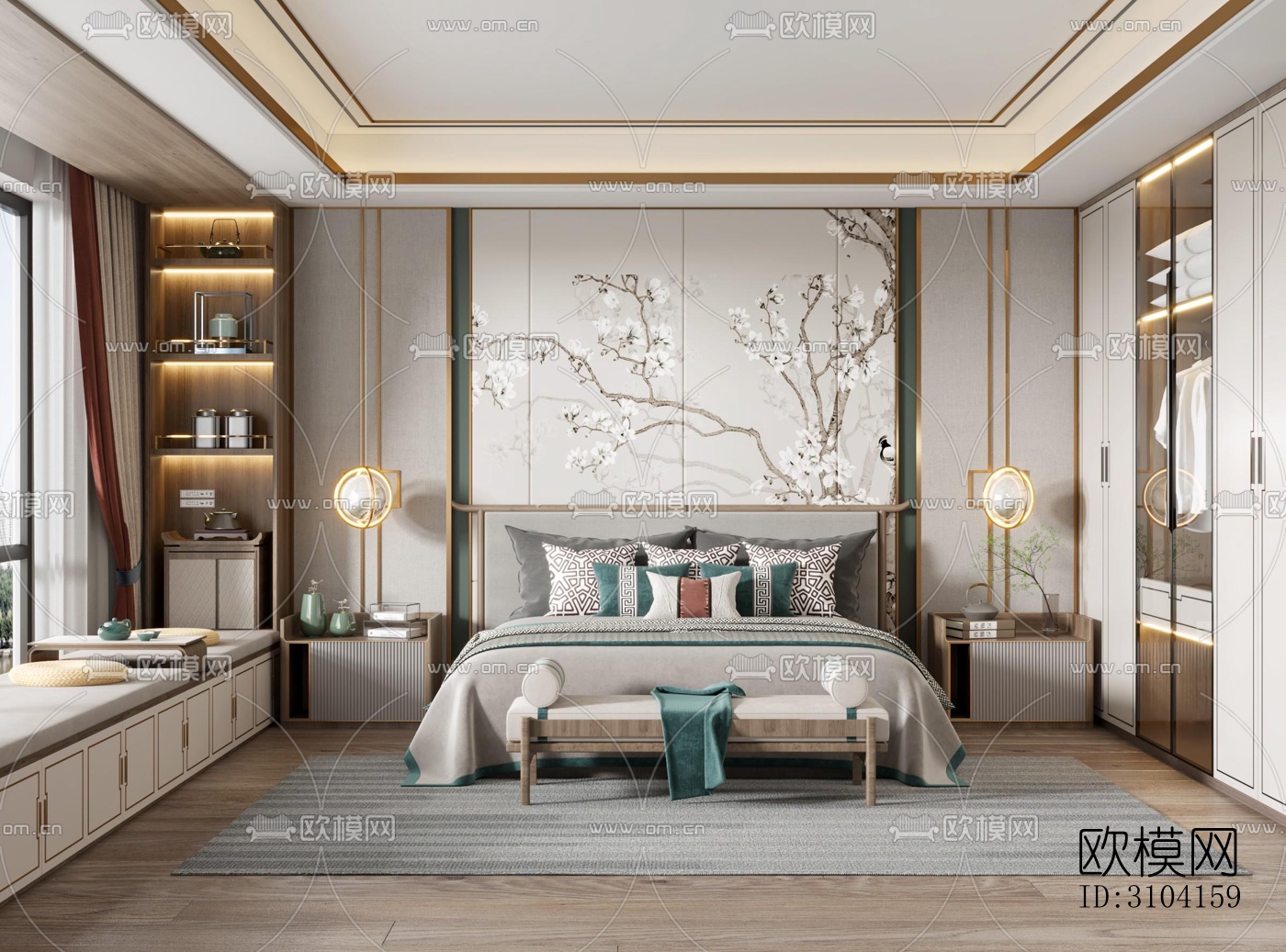新中式卧室效果图下载（渲染图3）