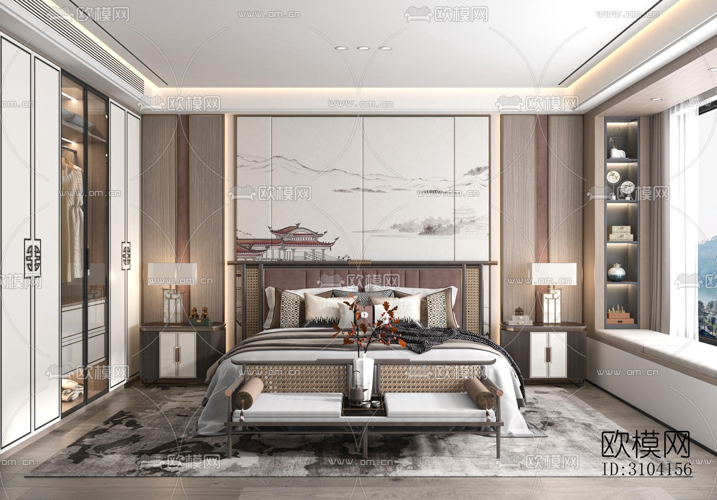 新中式卧室效果图下载（渲染图1）
