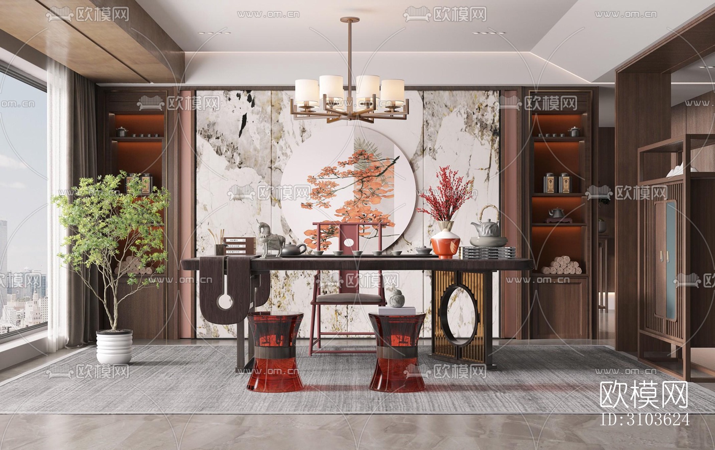 新中式书房效果图下载（渲染图4）