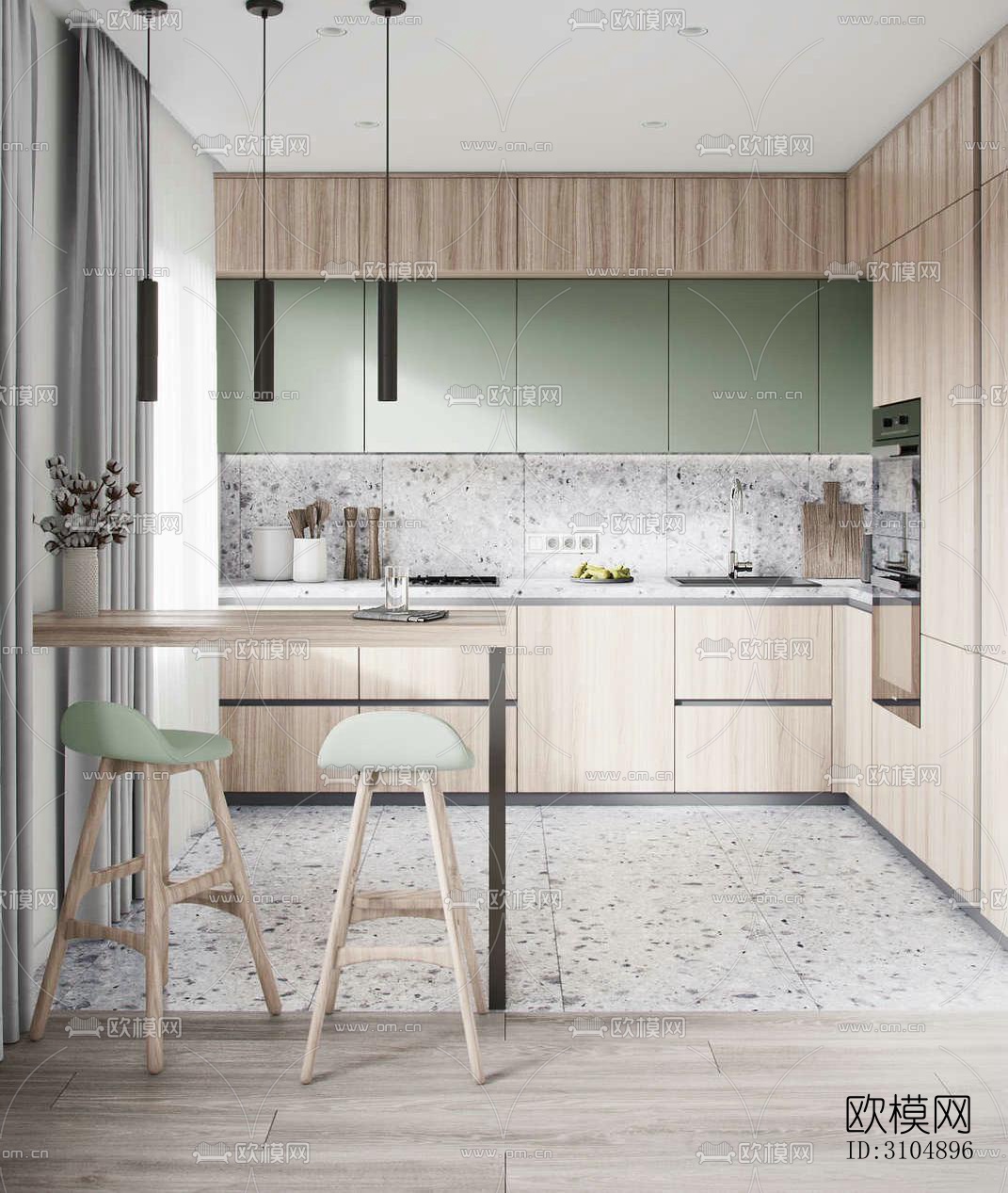 日式厨房效果图下载（渲染图1）