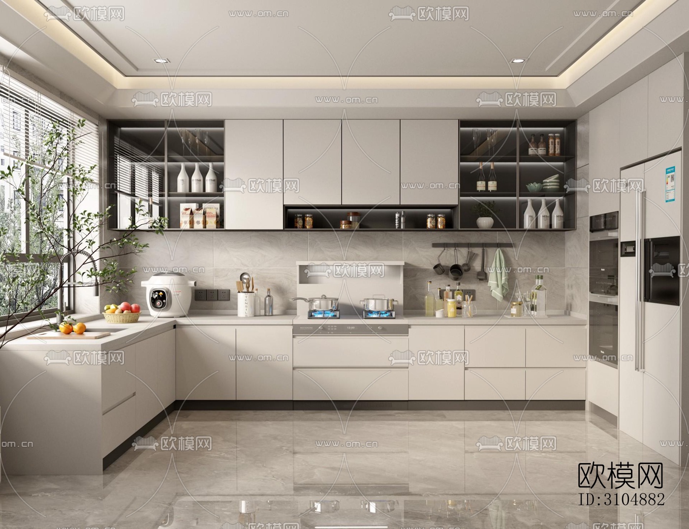 奶油风厨房效果图下载（渲染图3）