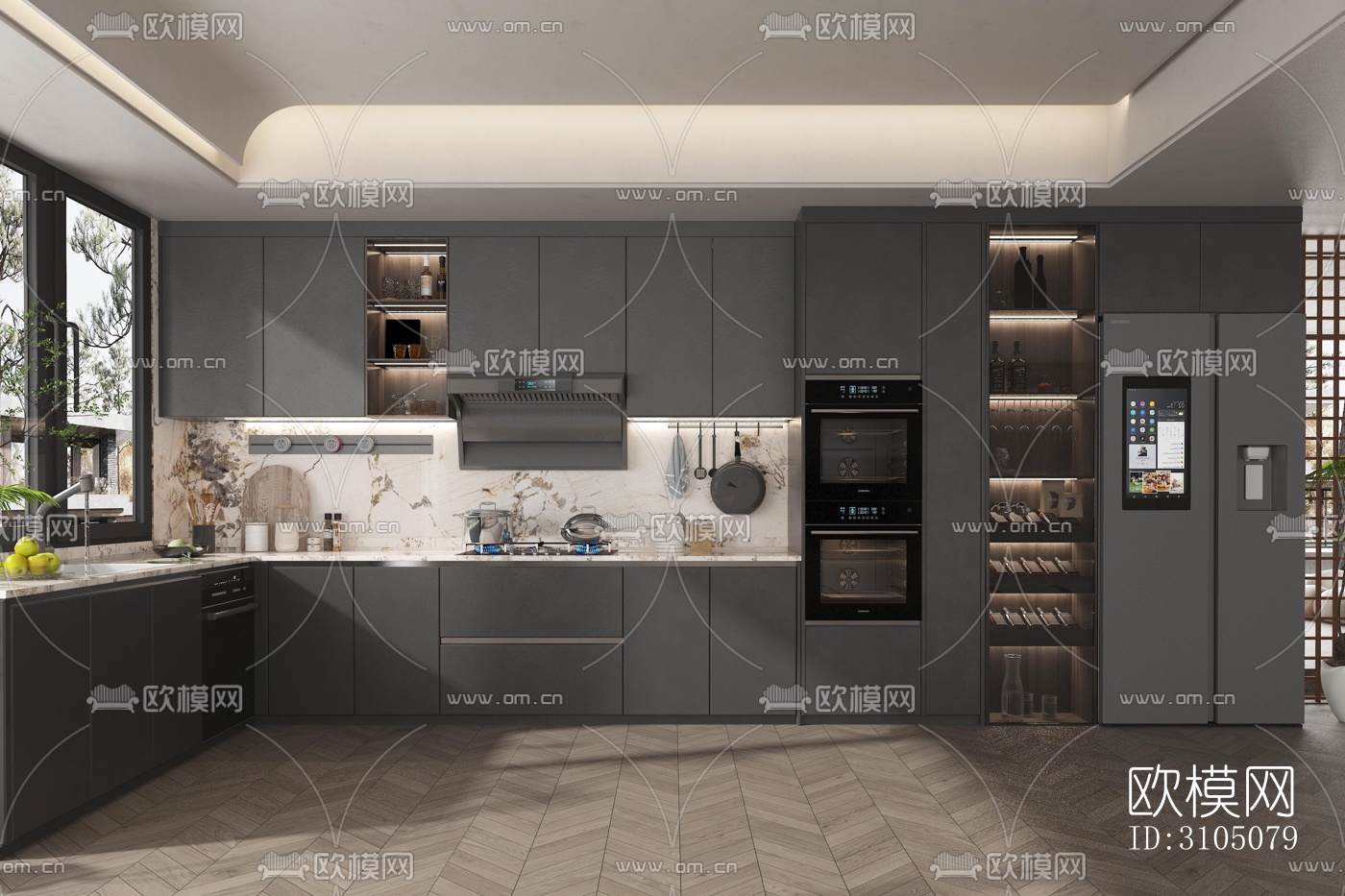 高级灰厨房效果图下载（渲染图3）