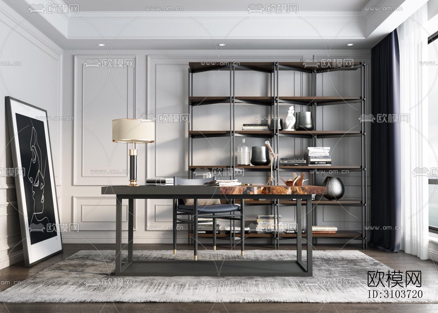 高级灰书房效果图下载（渲染图1）