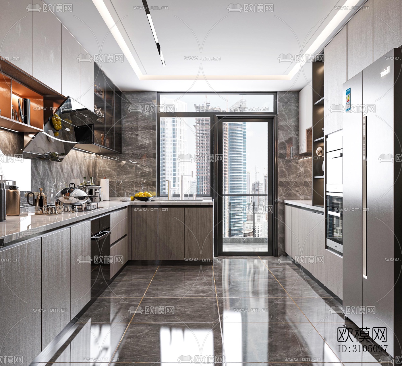 高级灰厨房效果图下载（渲染图2）