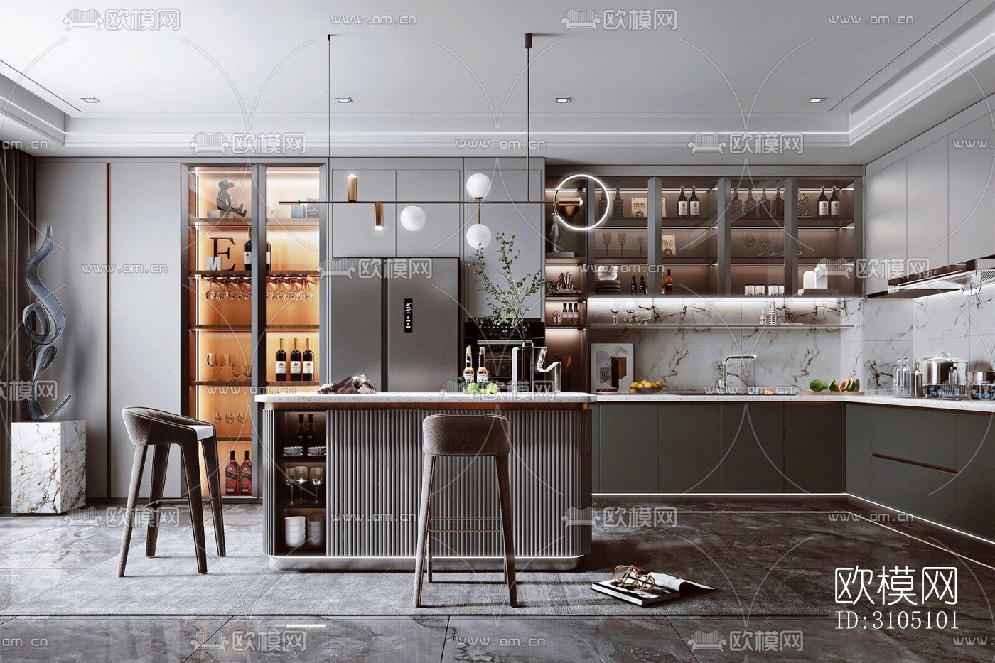 高级灰厨房效果图下载（渲染图4）