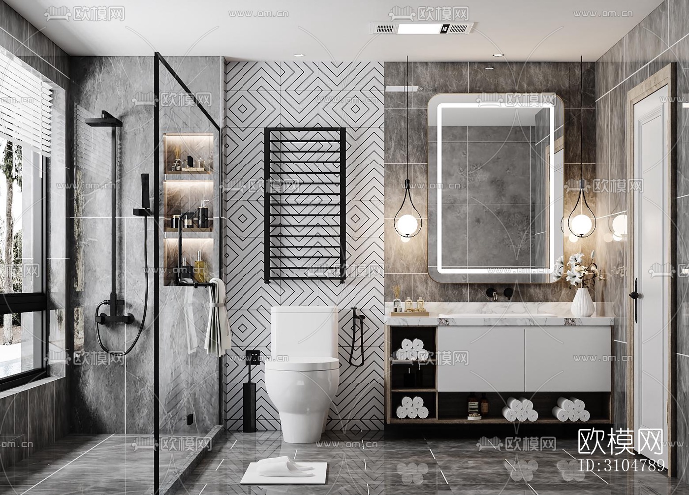 高级灰卫生间效果图下载（渲染图3）