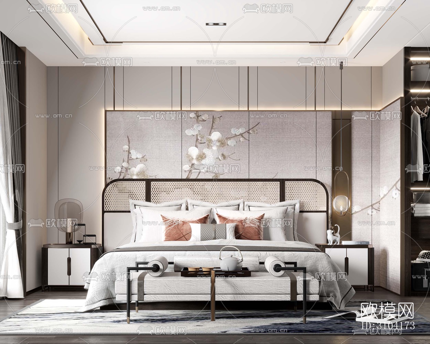 新中式卧室效果图下载（渲染图3）