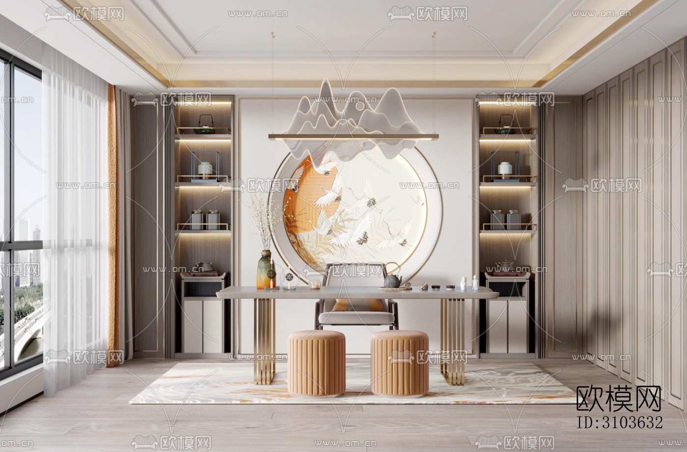 新中式书房效果图下载（渲染图2）