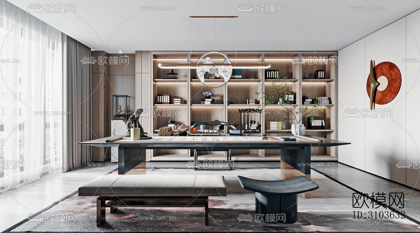 新中式书房效果图下载（渲染图4）