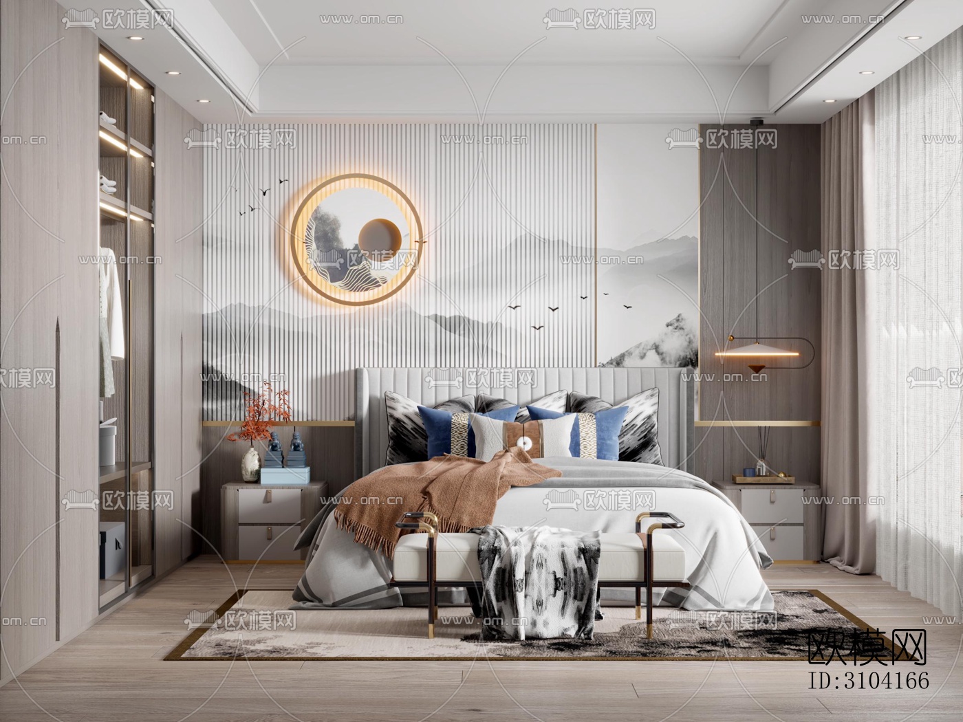 新中式卧室效果图下载（渲染图3）