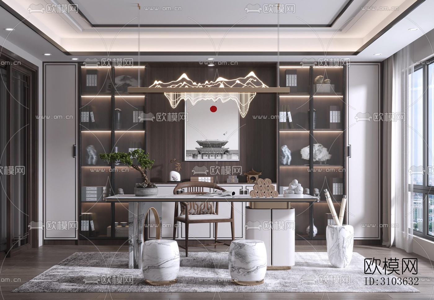 新中式书房效果图下载（渲染图1）