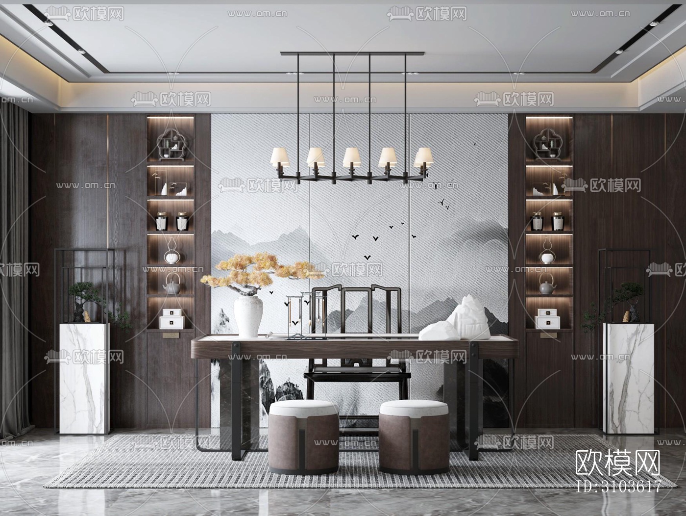 新中式书房效果图下载（渲染图3）