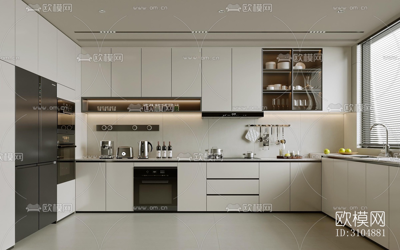 奶油风厨房效果图下载（渲染图2）