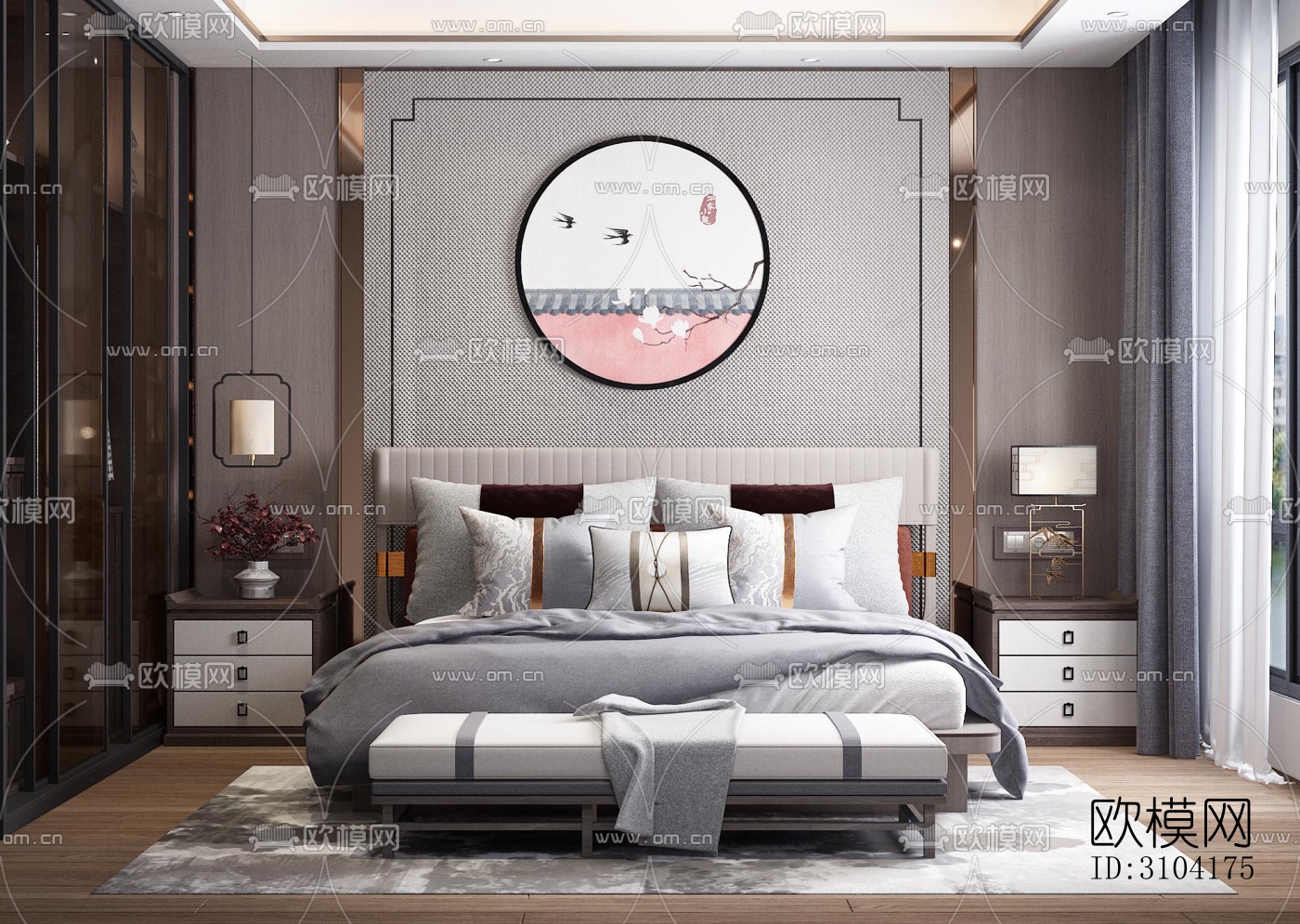 新中式卧室效果图下载（渲染图5）