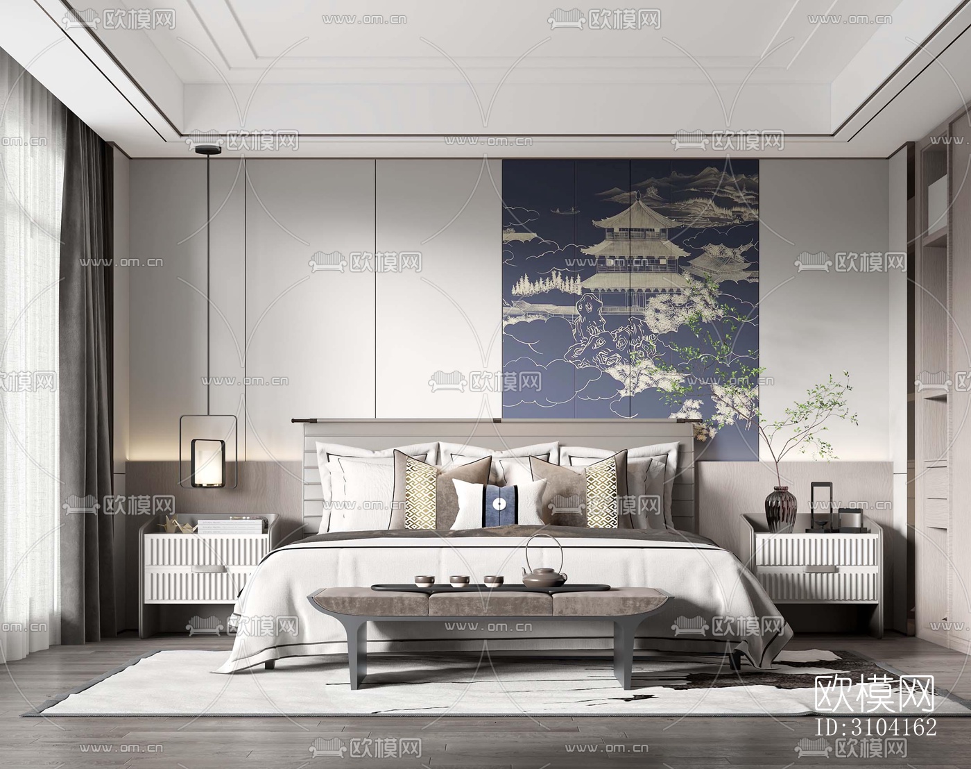 新中式卧室效果图下载（渲染图5）